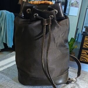 Authentic Gucci Vintage Bamboo Drawstring Shoulder Bag Nylon Leather Dark Brown